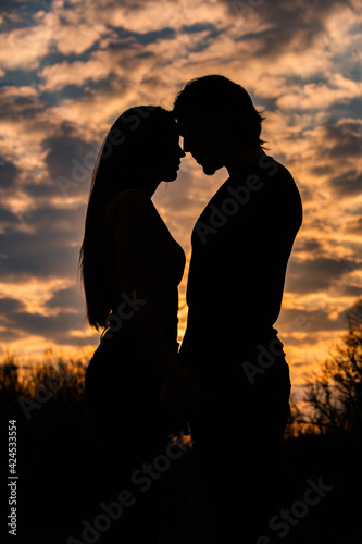 Silhouette of romantic couple in love, man and women in sunset sky. Romantic of relationships between couple love in the garden