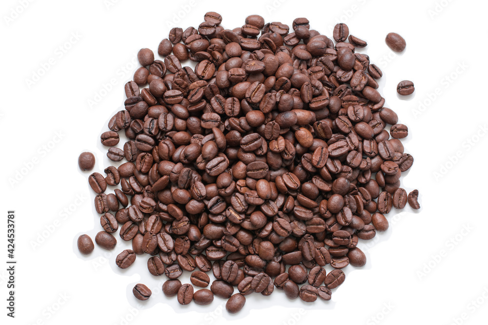 Many coffee beans are heaped. Isolated over white background Many coffee beans are heaped. Isolated over white background