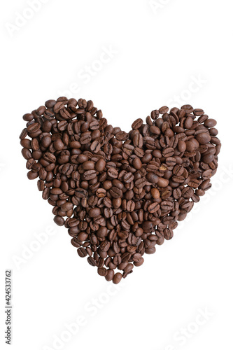 Heart made from roasted coffee beans. Isolated white background