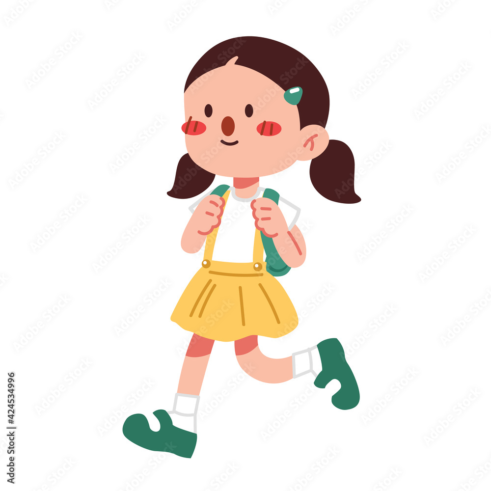 A cute girl walking to school isolated on white background cartoon character flat vector illustration. Welcome back to school concept. A cute girl walking to school isolated on white background cartoon character flat vector illustration. Welcome back to school concept.