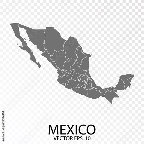 Transparent - High Detailed Grey Map of Mexico. Vector eps 10.