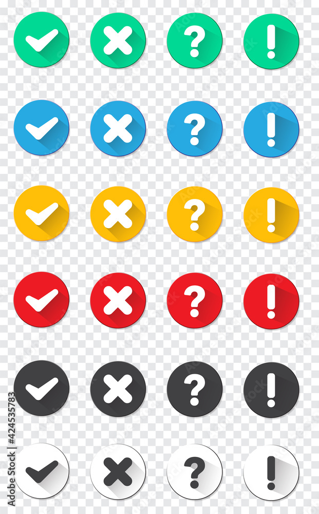 Collection round buttons with sign done, error, question mark, exclamation point. illustrations. set black and colorful badges for website and mobile apps Collection round buttons with sign done, error, question mark, exclamation point. illustrations. set black and colorful badges for website and mobile apps