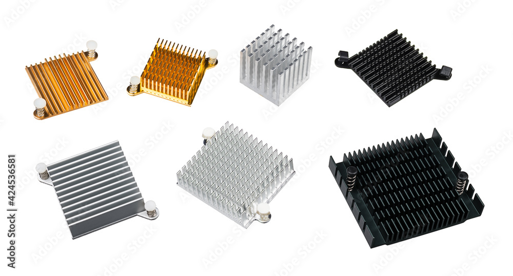 Set of various anodized aluminum coolers isolated on a white background. Alu heat sinks for cooling of electronic components as chipsets on computer motherboard or video cards. Overheating protection. Set of various anodized aluminum coolers isolated on a white background. Alu heat sinks for cooling of electronic components as chipsets on computer motherboard or video cards. Overheating protection.