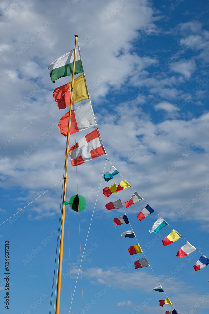 International maritime signal flags on the mats of a steamship of the shipping company in Geneva, Switzerland