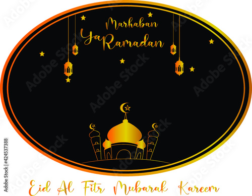 Marhaban ya ramadan kareem with star, golden mosque and golden lamp for background illustration. EPS 10