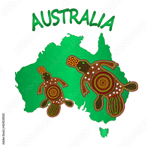 Map of Australia with two platypus isolated on white background. Australian continent. Australia Aboriginal day. Naidoc week. Union jack. Reconciliation Day. Travel to australia poster design. Stock v