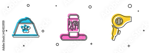 Set Pet food bowl, Cat scratching post and Hair dryer icon. Vector
