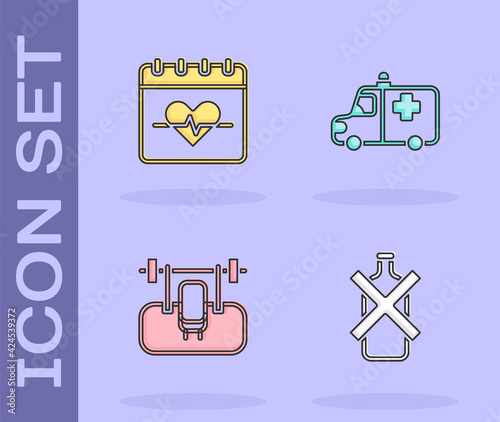 Set No alcohol, Heart rate, Bench with barbel and Ambulance and emergency car icon. Vector