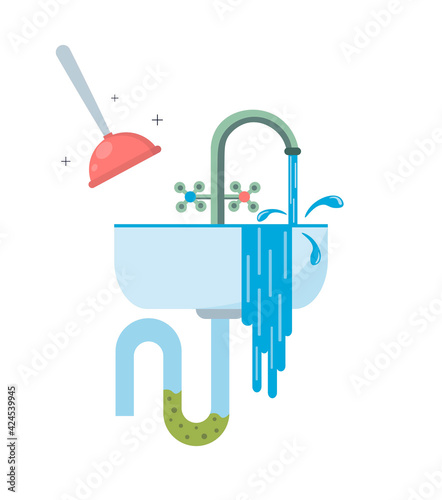 Water flows from the sink. Blockage of pipe. Sink in the bathroom or kitchen. Broken sewer system. Sewerage cleaning. Cleaning plunger. Vector illustration in flat style on white isolated background.