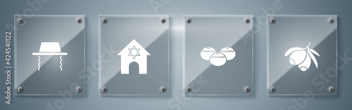 Set Olives branch, Jewish sweet bakery, synagogue and Orthodox jewish hat. Square glass panels. Vector