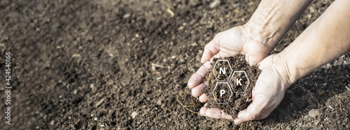 Fresh compost soil in two hands with symbols of the most important nutrients. photo