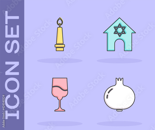 Set Pomegranate, Burning candle, Jewish goblet and synagogue icon. Vector