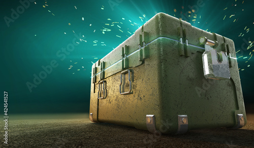 army box with loot boxes and glow inside. text box. 3d rendering
