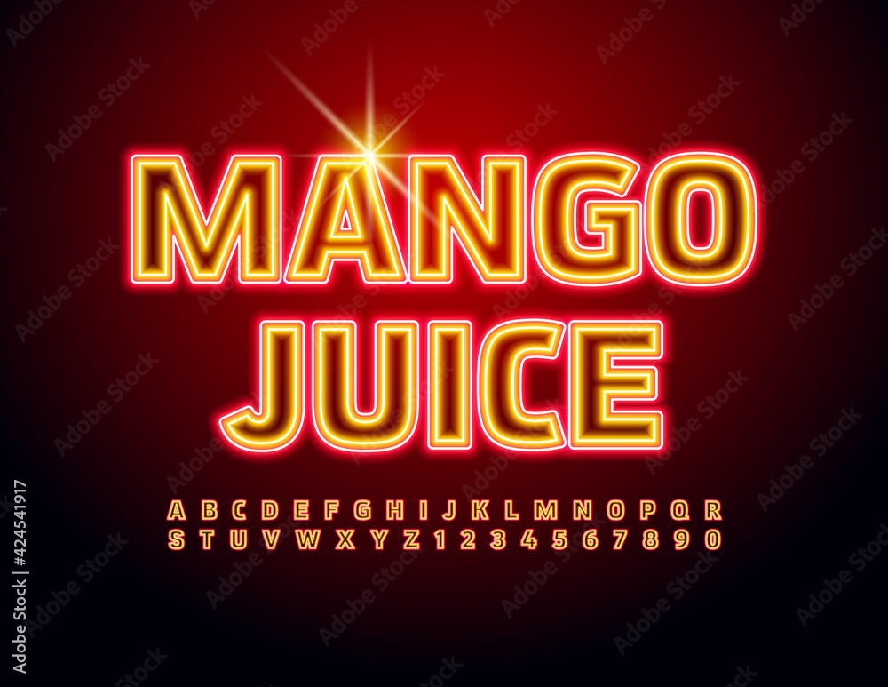 Vector bright sign Mango Juice. Electric light Font Neon Alphabet Letters and Numbers set