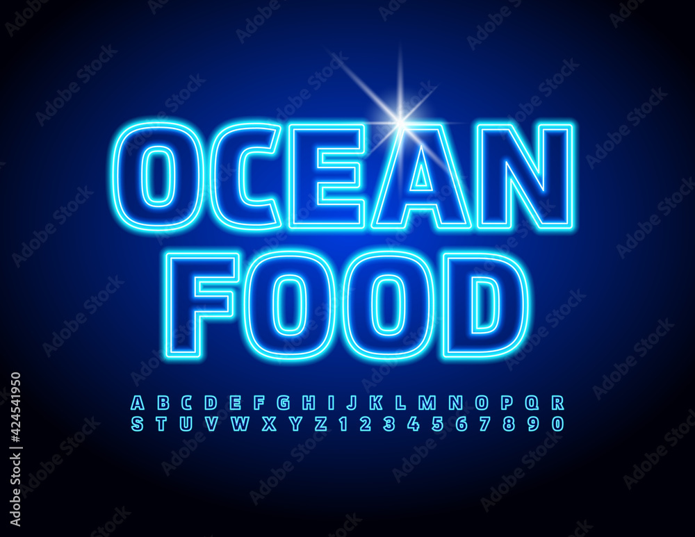 Vector modern banner Ocean Food. Blue glowing Font. Set of Neon Alphabet Letters and Numbers Vector modern banner Ocean Food. Blue glowing Font. Set of Neon Alphabet Letters and Numbers