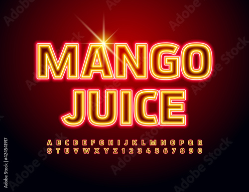 Vector bright sign Mango Juice. Electric light Font Neon Alphabet Letters and Numbers set