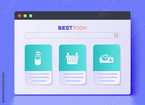 Set Bicycle basket, Sport bottle with water and on street ramp icon. Vector