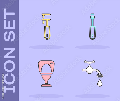 Set Water tap, Pipe adjustable wrench, Toilet bowl and Screwdriver icon. Vector