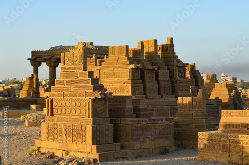 Chaukhandi Tombs.
The Chaukhandi tombs form an early Islamic cemetery situated 29 km east of Karachi, in the Sindh province of Pakistan. The tombs are notable for their elaborate sandstone carvings photo