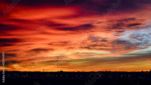 panoramic of the skyline of the city of Madrid at sunset