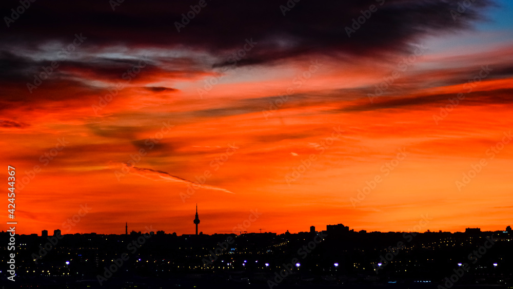panoramic of the skyline of the city of Madrid at sunset