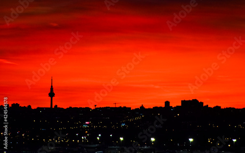 panoramic of the skyline of the city of Madrid at sunset