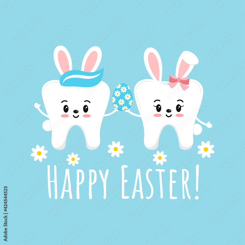 Easter cute smile teeth with bunny ears on dentist greeting card. White easter holiday tooth emoji in rabbit ears costume and flowers. Flat design cartoon style vector illustration. Stock Vector | Adobe Easter cute smile teeth with bunny ears on dentist greeting card. White easter holiday tooth emoji in rabbit ears costume and flowers. Flat design cartoon style vector illustration. Stock Vector | Adobe