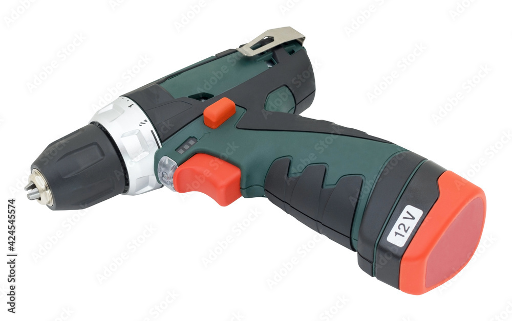modern cordless drill on a white modern cordless drill on a white