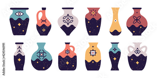 Magic vases of various types. Antique amphora in vector form. Vector illustration of a set of dishes in a cartoon style.