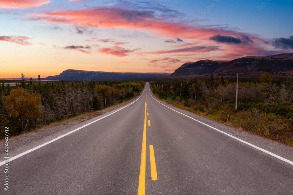 Scenic highway during a vibrant sunny day in the fall season. Dramatic Sunset Sky Art Render. Taken in Newfoundland, Canada. Scenic highway during a vibrant sunny day in the fall season. Dramatic Sunset Sky Art Render. Taken in Newfoundland, Canada.