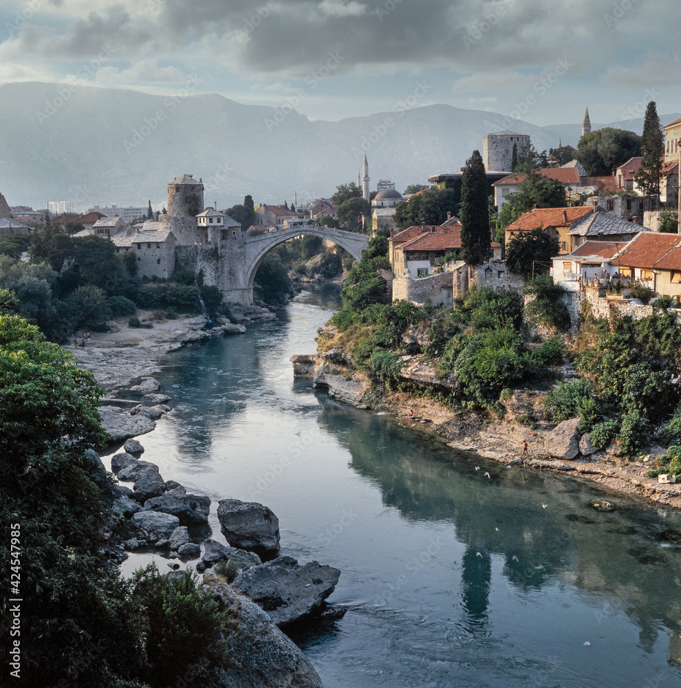 City of Mostar 1in 1983 before the war. Mostar city in southern Bosnia and Herzegovina. Neretva River. Stari Most (Old Bridge) River and bridge. 
