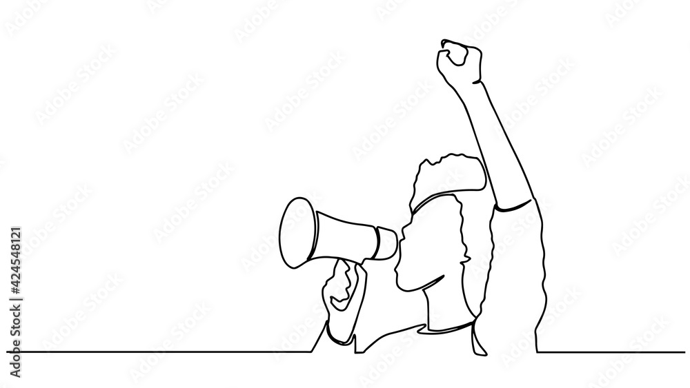 Strong woman continuous one line drawing. Continuous one line drawing long hair girl power pose. beautiful woman protesting vector Single continuous line drawing of shouting loudly using megaphone - obrazy, fototapety, plakaty 
