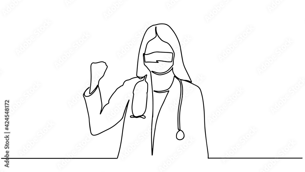 One single line drawing of young happy female doctor fist his hands to the air to celebrate his success treat the patient. Medical health care concept continuous line draw design vector illustration One single line drawing of young happy female doctor fist his hands to the air to celebrate his success treat the patient. Medical health care concept continuous line draw design vector illustration