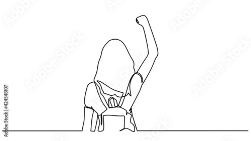 Strong woman continuous one line drawing. Continuous one line drawing long hair girl power pose. beautiful woman protesting vector
