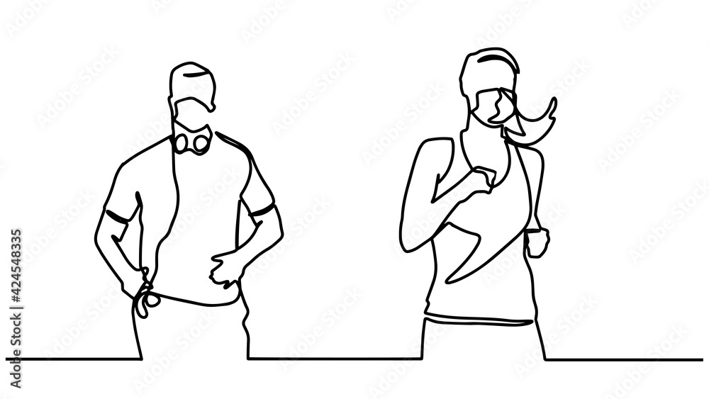Continuous line drawing of running athlete woman and man wearing face mask. Sportswoman wearing protective face mask while running outdoors during COVID-19 epidemic. People jogging. Continuous line drawing of running athlete woman and man wearing face mask. Sportswoman wearing protective face mask while running outdoors during COVID-19 epidemic. People jogging.