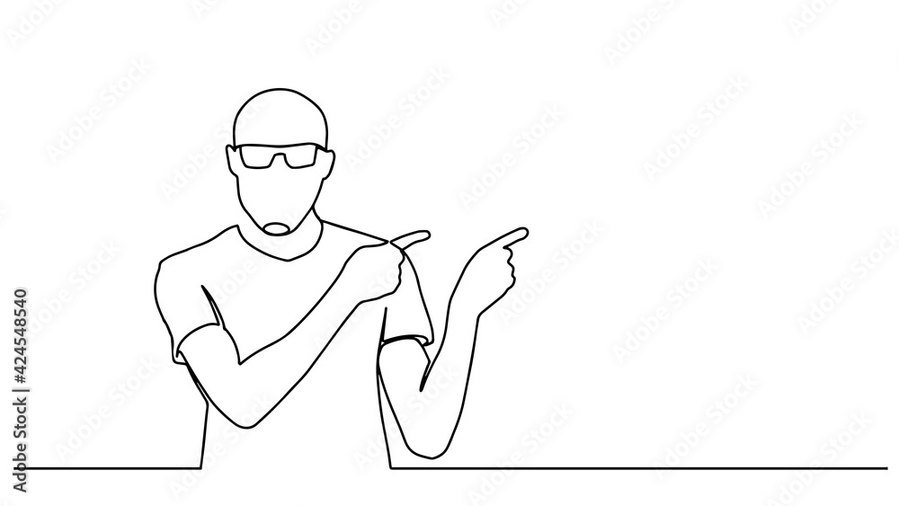 Continuous line drawing businessman tells and shows something, copyspace . Vector illustration. Continuous line drawing of standing man presenter pointing at screen