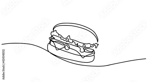 Hamburger drawn in one line on a white background. One-line drawing. Continuous line. One continuous line drawing of fresh delicious American burger restaurant logo emblem. Fast food beef burger cafe.