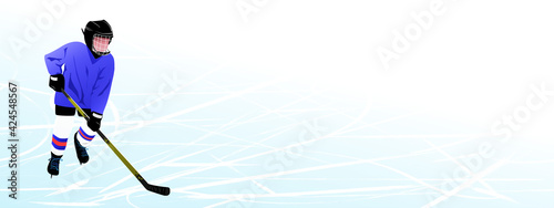 Hockey. Ice background with hockey player. Ice Arena. Ice platform. Template. Banner. Horizontal rectangular illustration. The color is blue.