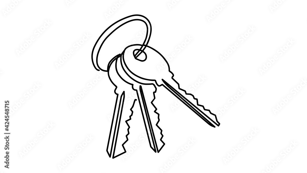 One line drawing of isolated vector object - keys. The keys continuous ...