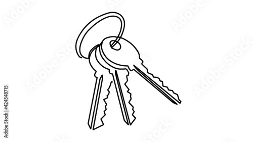 One line drawing of isolated vector object - keys. The keys continuous one line drawing, vector illustration minimalism style.