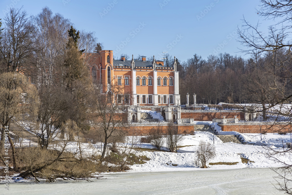 Part of the abandoned facade of the manor. Pseudo-Gothic of the 18th century. Object of the cultural heritage of the peoples of the Russian Federation. Marfino, Dmitrovsky district, Russia