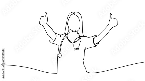 One line of young male doctors, good thumbs up concept. Attractive design of continuous lines. Doctor in protective mask showing thumb up. Positive nurse with stethoscope. Line drawing.