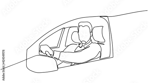 one line continuous painted man driving a car drawn by hand silhouette picture. Line art. illustration of a man driving a car. Concept of Safety on the road.