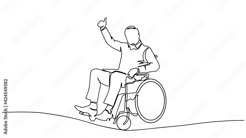 One continuous drawing line logo of a disabled man in a wheelchair. Single  hand drawn art line doodle outline isolated. Minimal illustration cartoon  character. Happy old man in wheelchair Thumb up. Stock