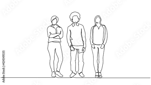 Continuous line drawing of diverse group of standing people. continuous line drawing of a diverse crowd of standing people Group of people continuous one line vector drawing. Family, friends.