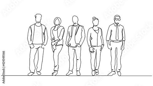 Continuous line drawing of diverse group of standing people. continuous line drawing of a diverse crowd of standing people Group of people continuous one line vector drawing. Family, friends.