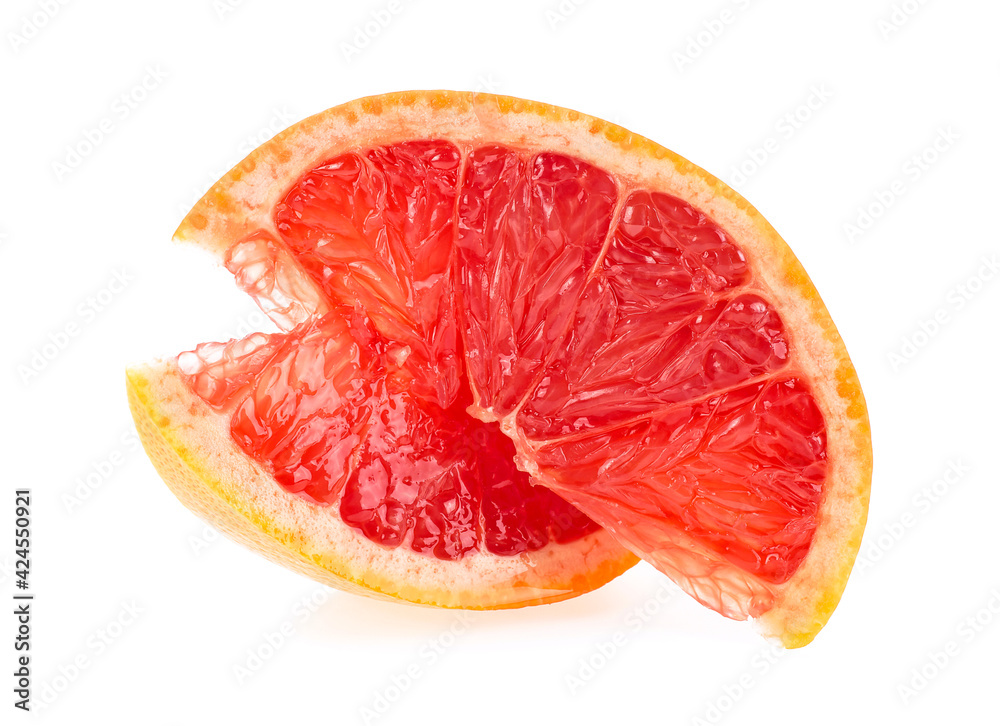 Grapefruit slices isolated on a white background. Two slices of pink grapefruit. Grapefruit slices isolated on a white background. Two slices of pink grapefruit.