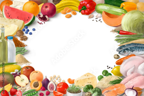 Fototapeta Naklejka Na Ścianę i Meble -  Concept for healthy food . Organic products. Decorative horizontal frame. Template for design. Hand drawn illustration.