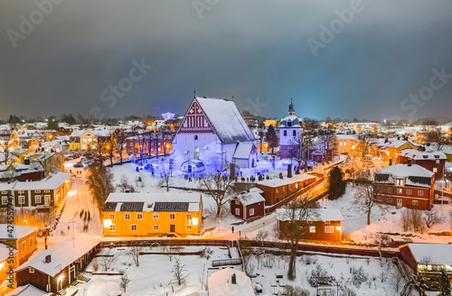Aerial view of Old Porvoo in the winter evening with Christmas decoration, Finland. Porvoo is one of the most famous, beautiful old Finnish cities. © Lev Karavanov