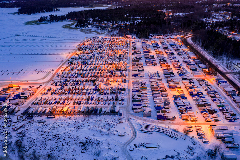 Aerial view of winter boat storage in Suomenoja marina, Espoo, Finland.